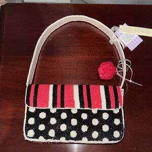 Beaded Polka Dot & Stripe Shoulder Bag - Red, Black & White